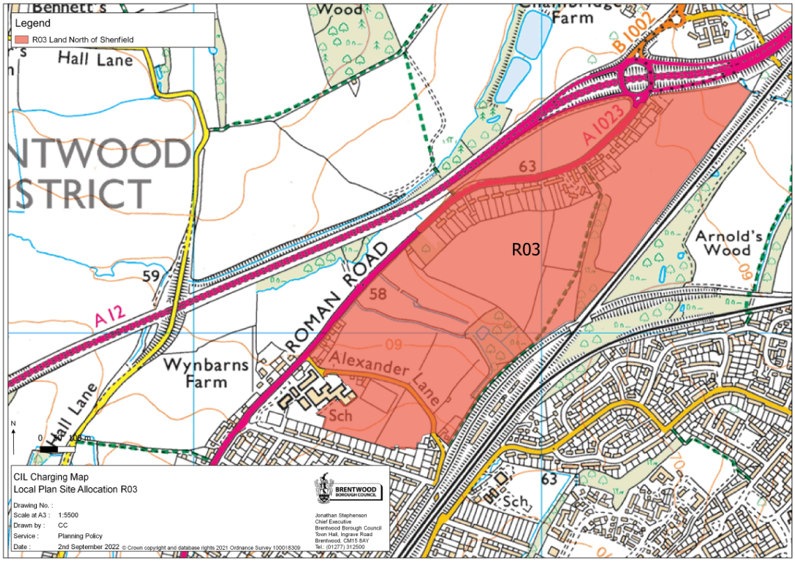 CIL charging map, local plan site allocation RO3 Land North of Shenfield