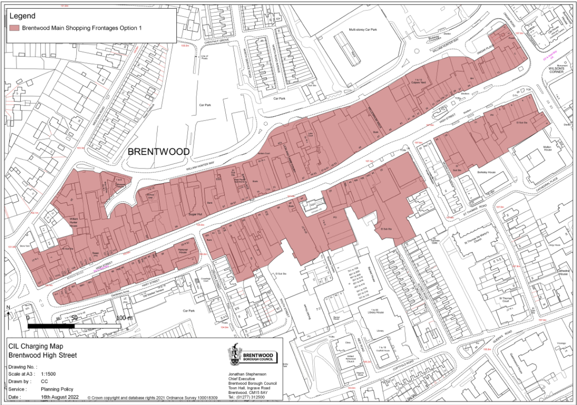 CIL charging map, Brentwood High Street, marked with Brentwood Main Shopping Frontages Option 1