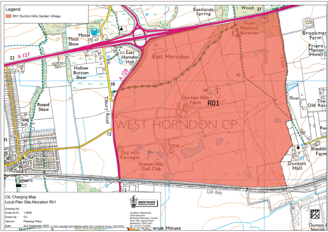 CIL charging map, local plan site allocation RO1 Dunton Hills Garden Village
