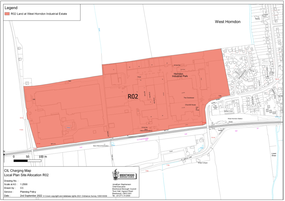 CIL charging map, local plan site allocation RO2 Land at West Horndon Industrial Estate